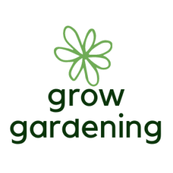 A grow gardening logo of green writing with a cartoon flower behind