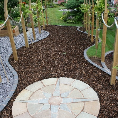 Bark path framed by cobbles and blue slate shingle